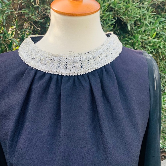 1960’s Black Mini Dress With Silver Brocade Neck - Picture 3 of 8